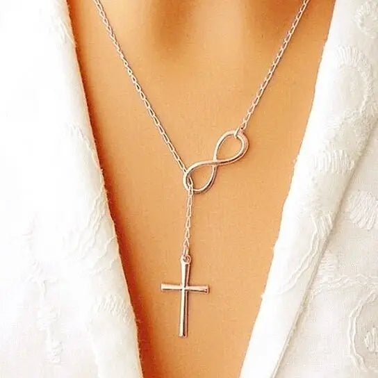 18k Gold, Rose Gold or Sterling Silver Infinity Cross Lariat