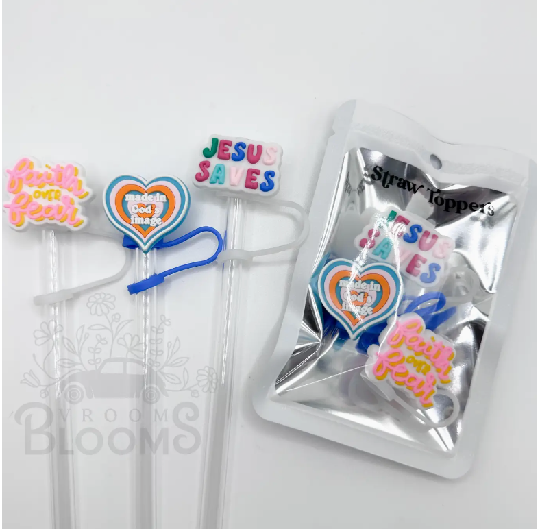 Straw Topper 3 Pack - Jesus Saves, Gods Image, Christian
