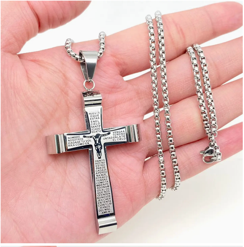 Spanish Polished Stainless Steel Jesus Cross Necklace-Mj/Mnp