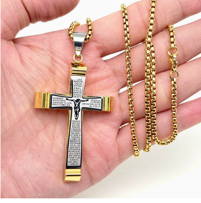 Spanish Polished Stainless Steel Jesus Cross Necklace-Mj/Mnp