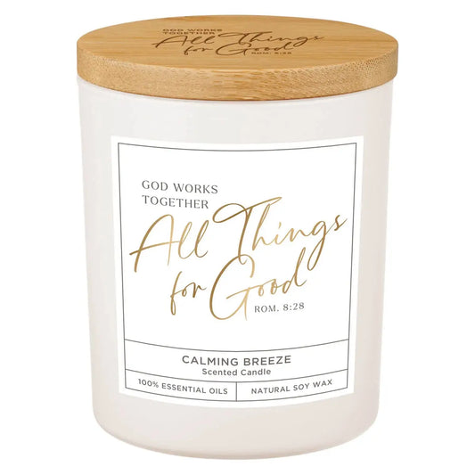 Glass Candle W/Bamboo Lid White God Works Rom. 8:28
