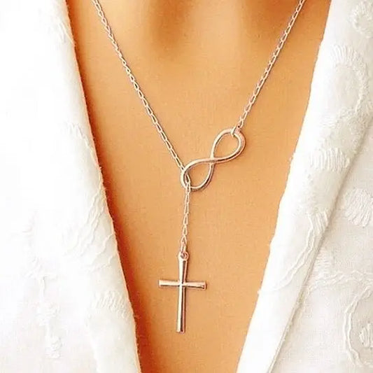 18k Gold, Rose Gold or Sterling Silver Infinity Cross Lariat