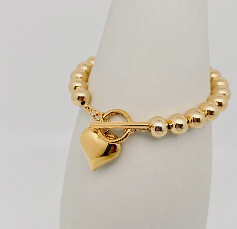 Heart Charm 18K Gold Plated 8mm Beads Chain Bracelet - Fgs