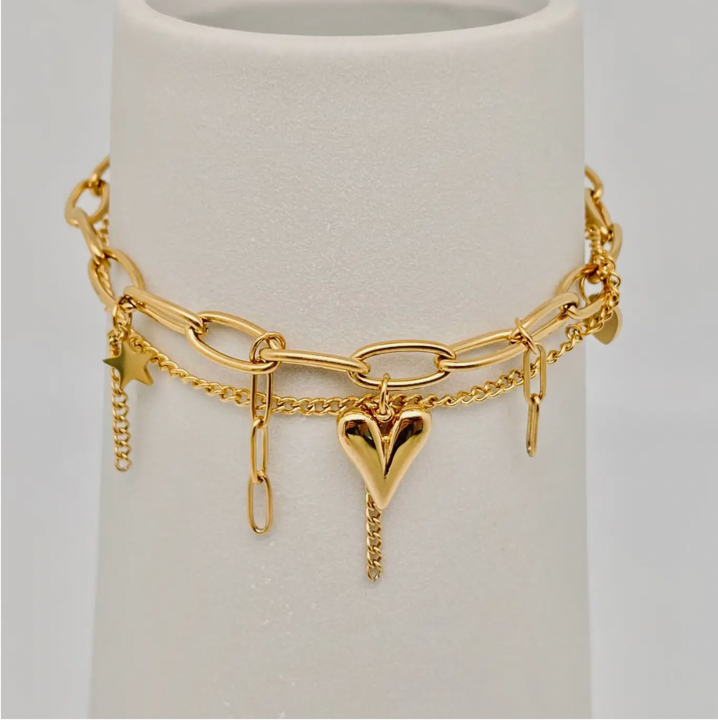 Star Heart Charm 18K Gold Plated Double Chain Bracelet
