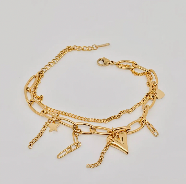Star Heart Charm 18K Gold Plated Double Chain Bracelet