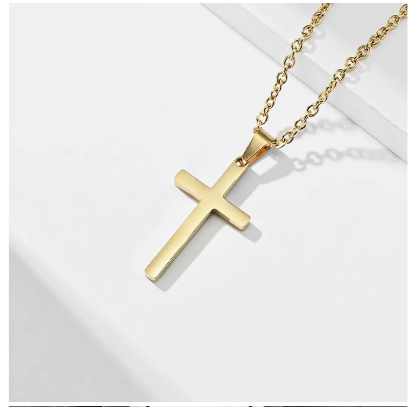 Mens Cross Charm Pendant Necklace in Stainless Steel