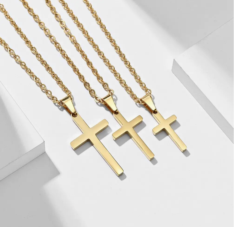 Mens Cross Charm Pendant Necklace in Stainless Steel