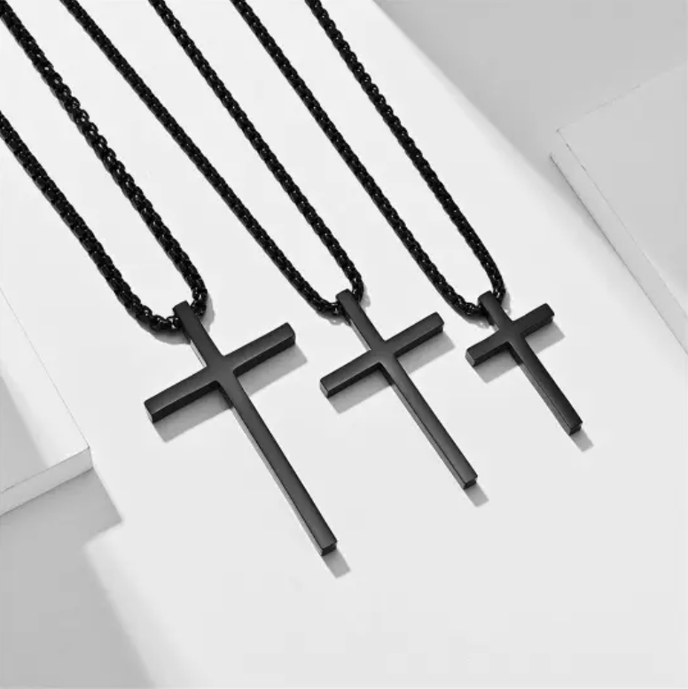 Mens Cross Charm Pendant Necklace in Stainless Steel