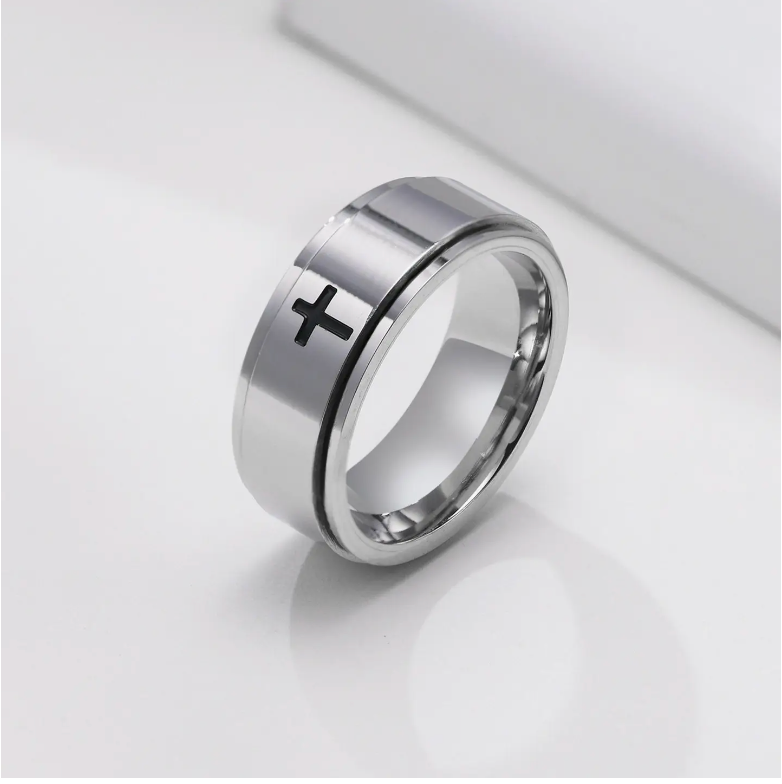 Custom Cross Anxiety Fidget Spinner Ring in Stainless Steel Engraved Forever Love