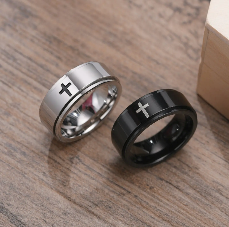 Custom Cross Anxiety Fidget Spinner Ring in Stainless Steel Engraved Forever Love