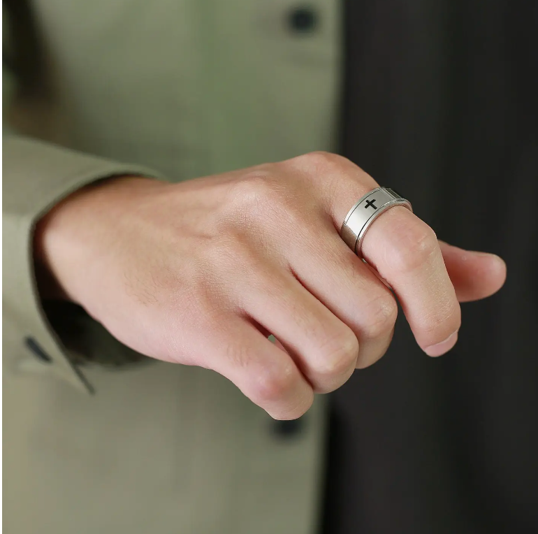 Custom Cross Anxiety Fidget Spinner Ring in Stainless Steel Engraved Forever Love