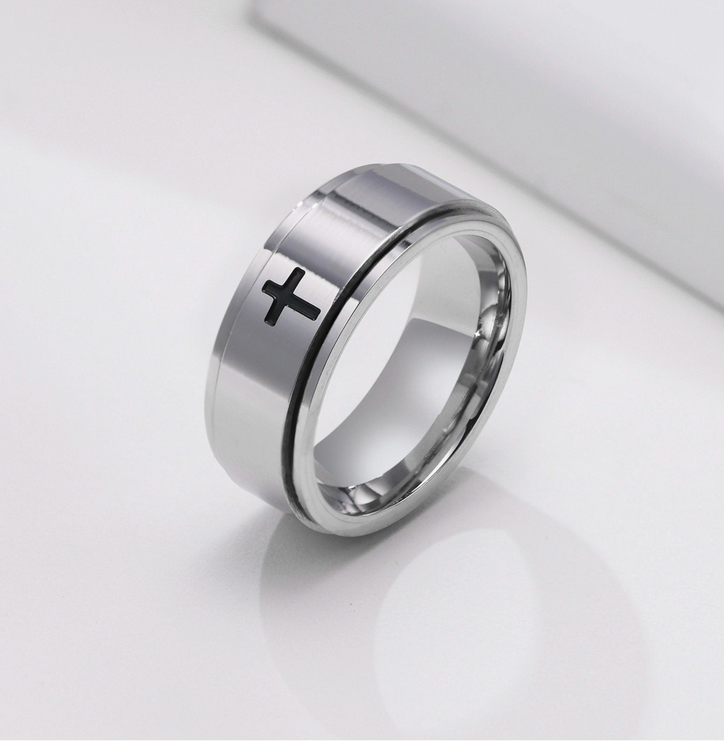 Custom Cross Anxiety Fidget Spinner Ring in Stainless Steel Engraved Forever Love