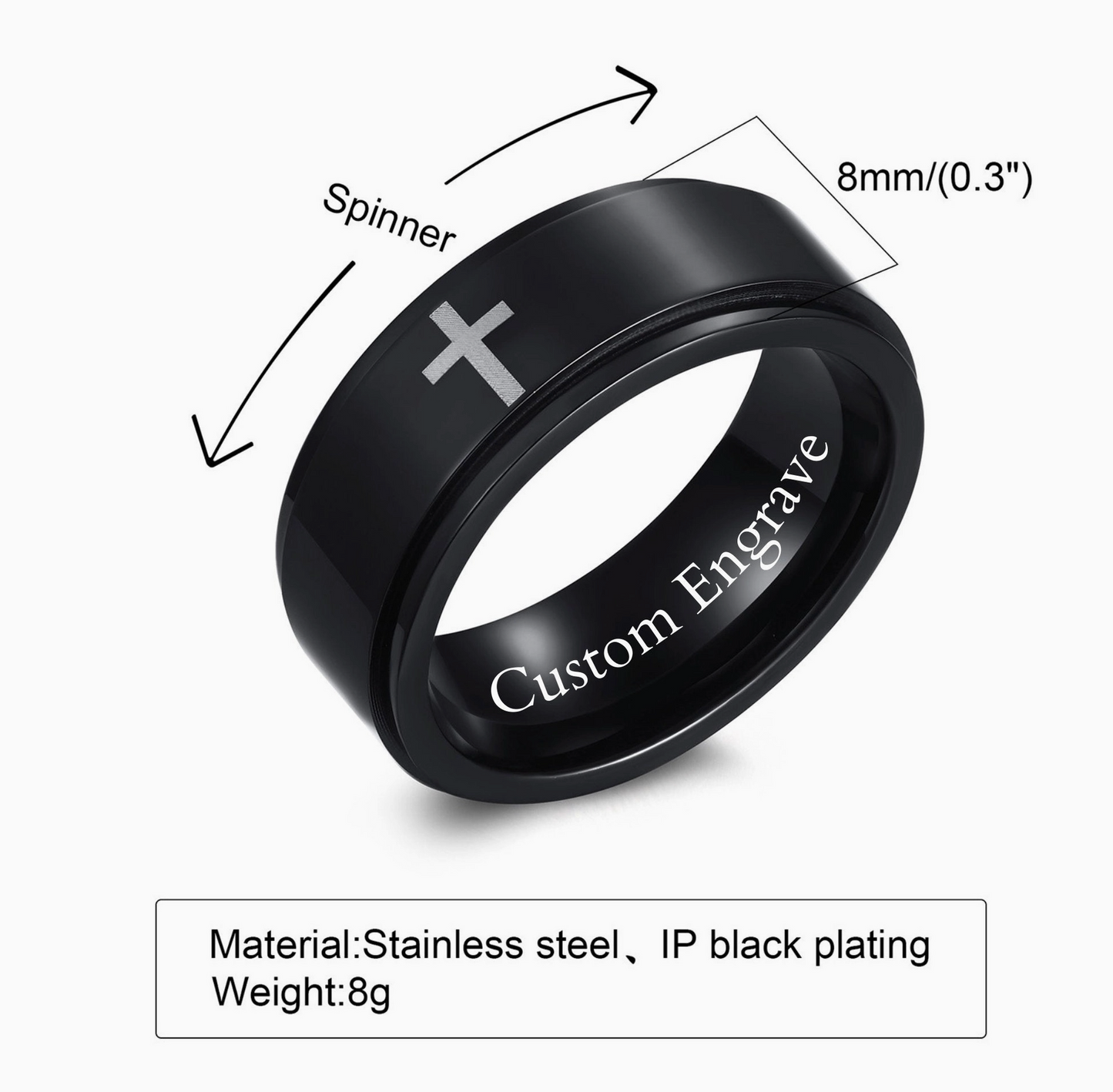 Custom Cross Anxiety Fidget Spinner Ring in Stainless Steel Engraved Forever Love