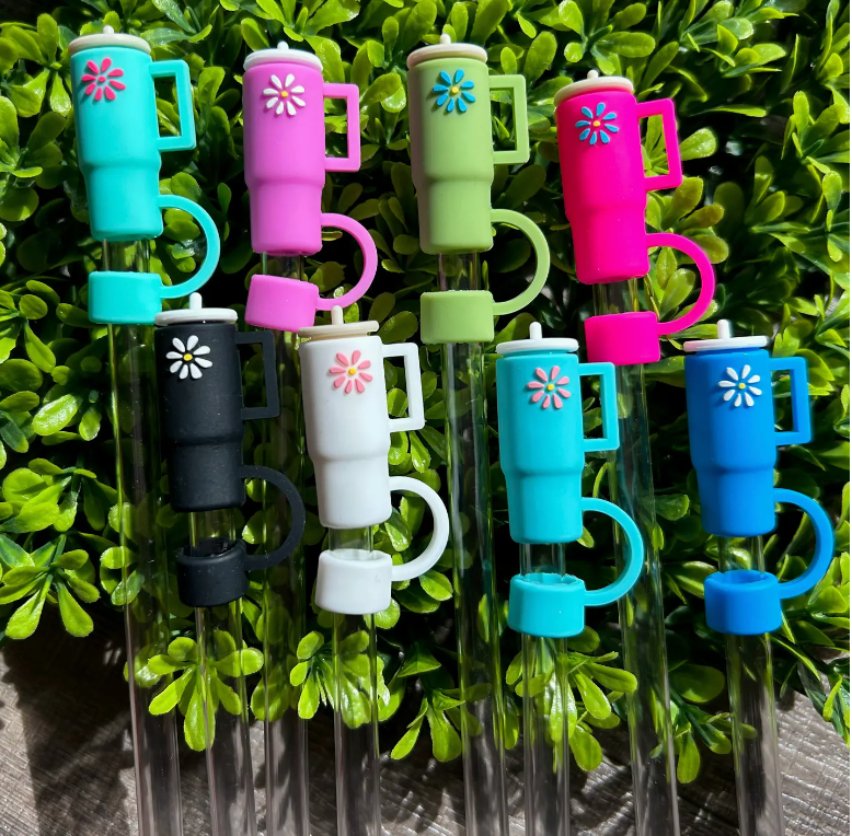 Tumbler with Daisy Silicone Straw Topper Set of 8