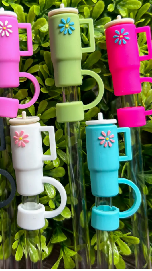 Tumbler with Daisy Silicone Straw Topper Set of 8