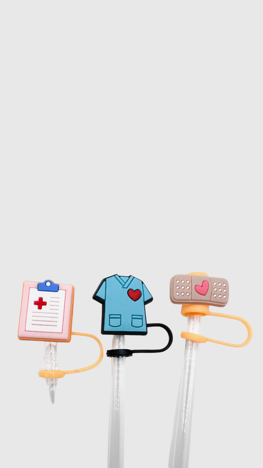 Straw Topper 3 Pack - Scrub Top, Med Clipboard, & Bandaid