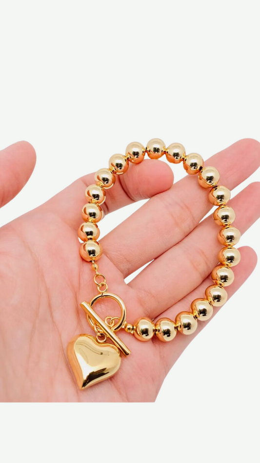 Heart Charm 18K Gold Plated 8mm Beads Chain Bracelet - Fgs